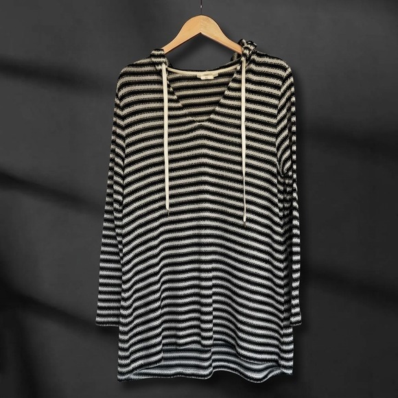 La Blanca Other - La Blanca Women Black White Striped Knit Hoodie Beach Cover Up Tunic Large Pool